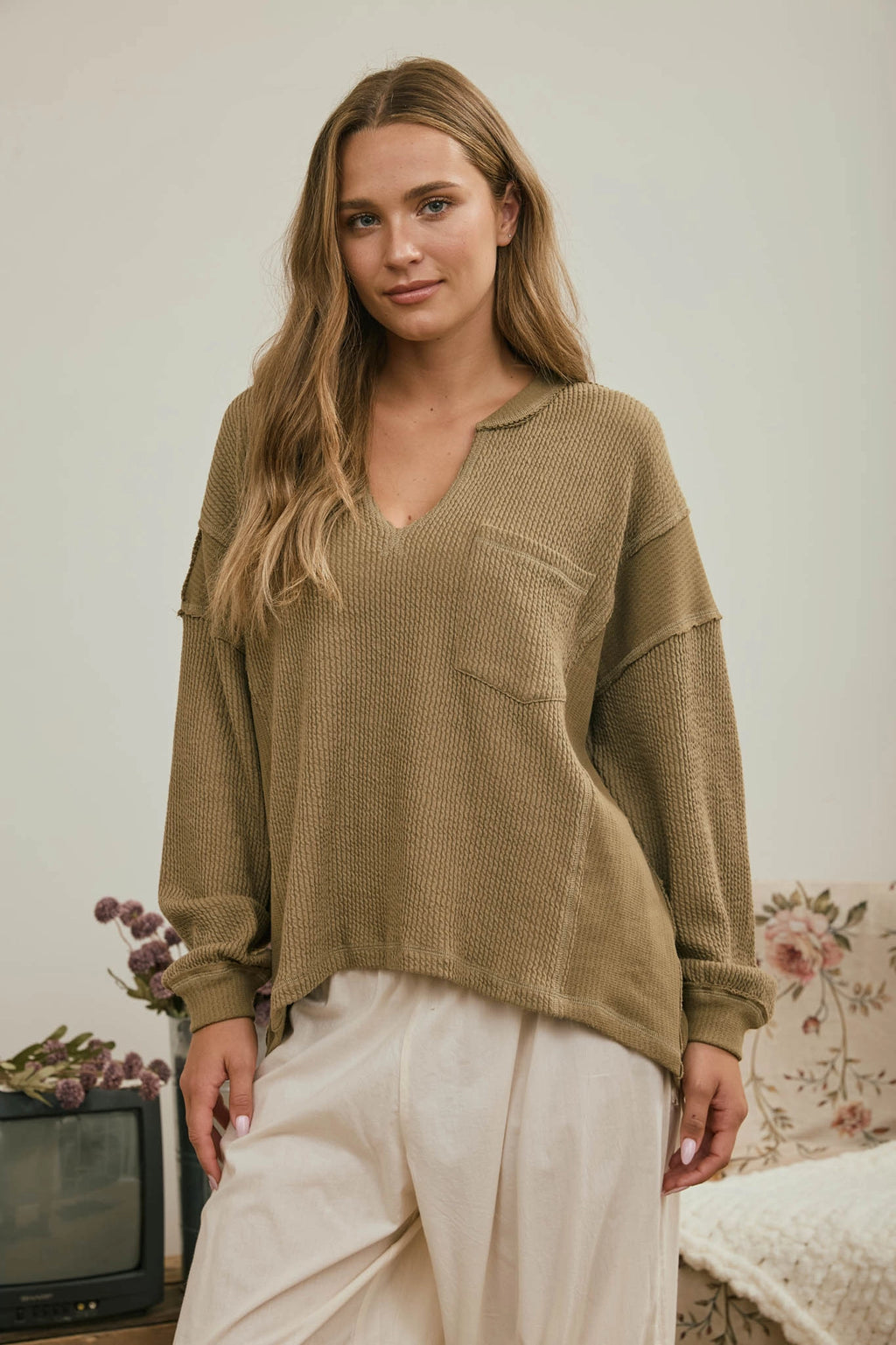 Olive Knit Pocket Top