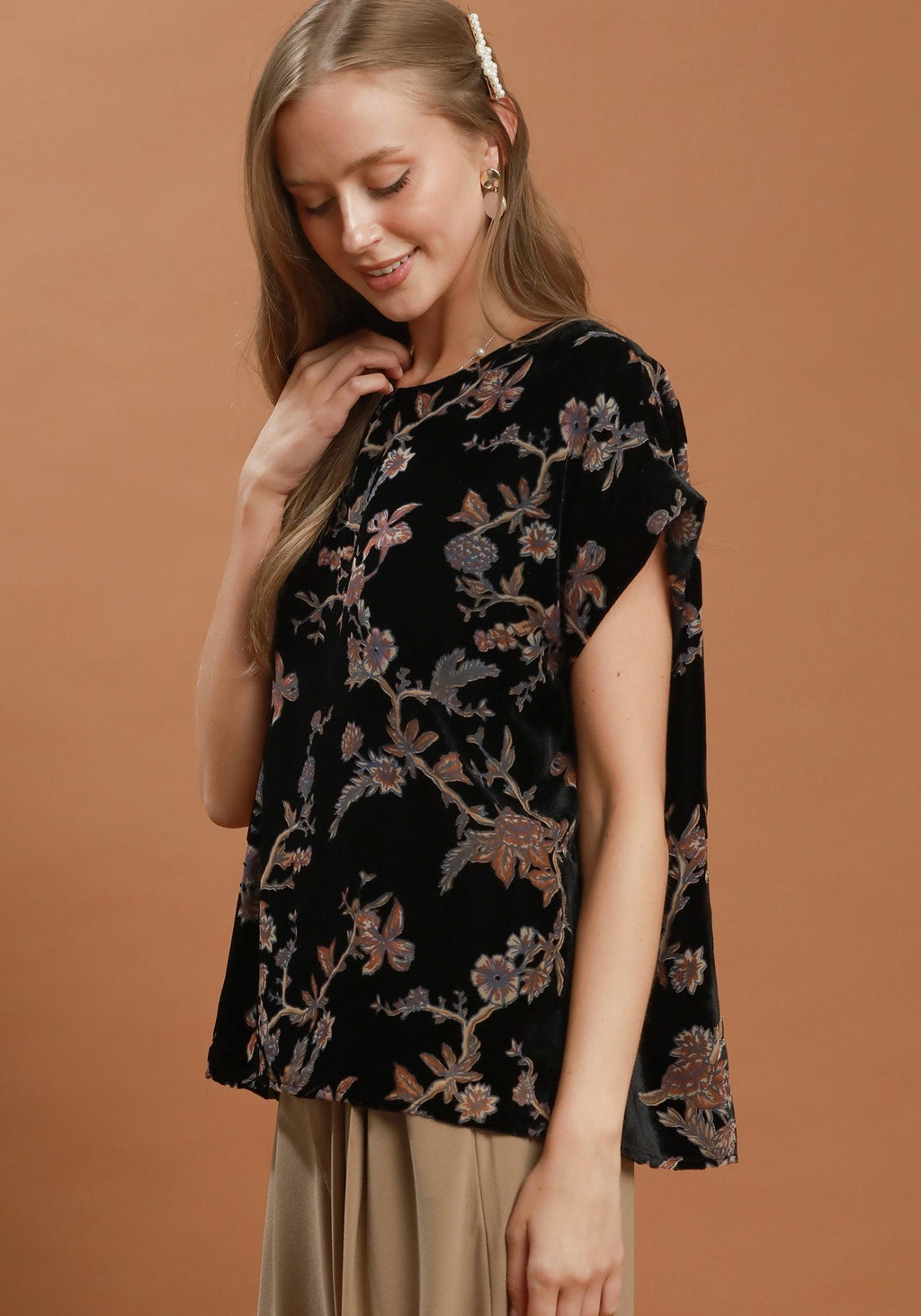 Black Floral Velvet Top