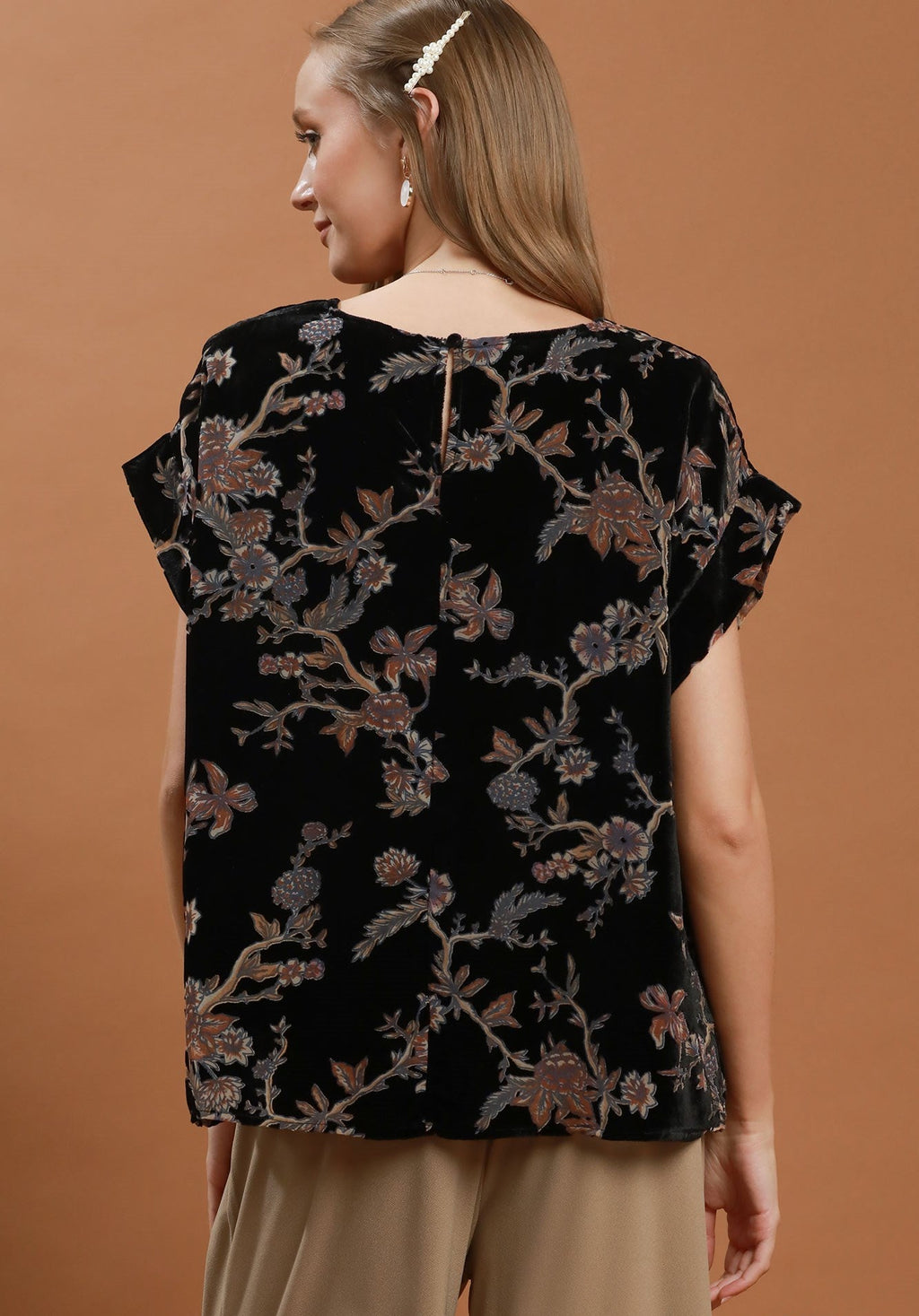 Black Floral Velvet Top
