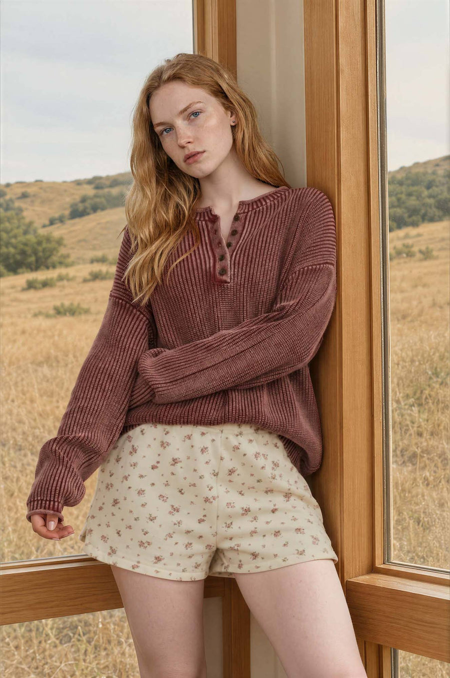 Washed Ribbed Henley Knit Sweater